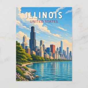 Postal Arte de viaje vintage de ilustración de Illinois