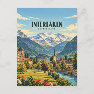 Postal Arte de viaje vintage de Interlaken Suiza