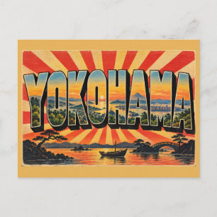 Postal Arte de viaje vintage de Yokohama colinas boscosas