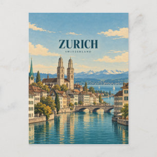 Postal Arte de viaje vintage de Zúrich Suiza