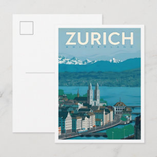 Postal Arte de viaje vintage de Zúrich Suiza