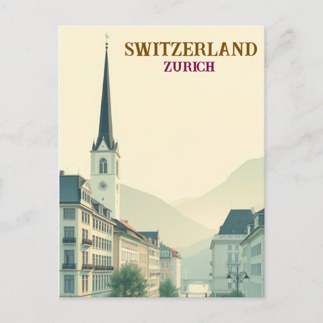 Postal Arte de viaje vintage de Zúrich Suiza (Anverso)