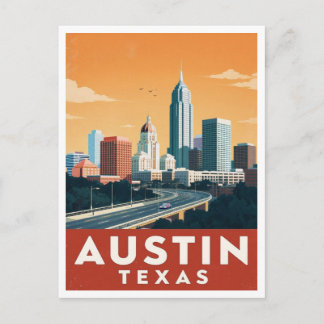 Postal Arte de viaje vintage del horizonte de Austin Texa