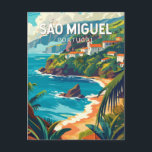 Postal Arte de viajes en la isla de Sao Miguel Portugal<br><div class="desc">Diseño de viaje vectorial retro de la isla de Sao Miguel. Es conocido por su paisaje volcánico,  su flora y su rica vida marina,  incluyendo las ballenas.</div>