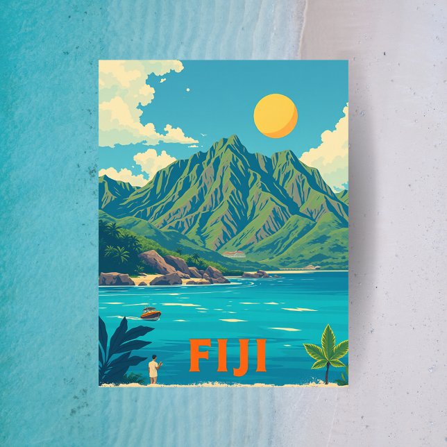 Postal Arte de viajes en la isla tropical de Fiyi (Fiji Tropical Island Beach Travel Art Postcard)