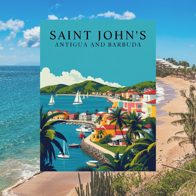Postal Arte de viajes retro de San Juan, Antigua y Barbud (Saint Johns, Antigua and Barbuda Travel Postcard)