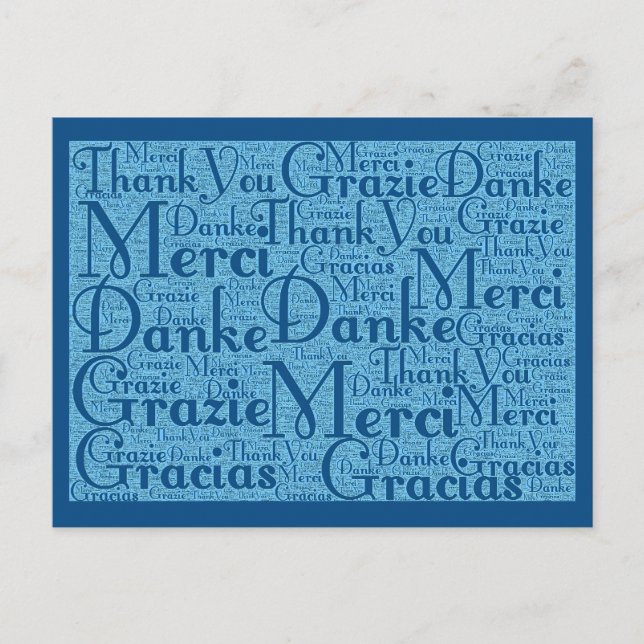 Postal Arte de Word: Gracias en varios idiomas - Aqua Blu (Anverso)