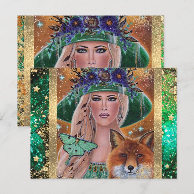 Postal Arte de zorro brujo de Halloween por Renee Lavoie (Anverso / Reverso)