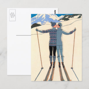 Postal Arte Deco Antiguo, Amantes en la Nieve por George 