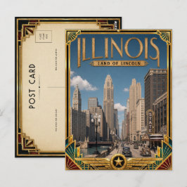 Postal Arte Deco Antiguo Dorado de Illinois