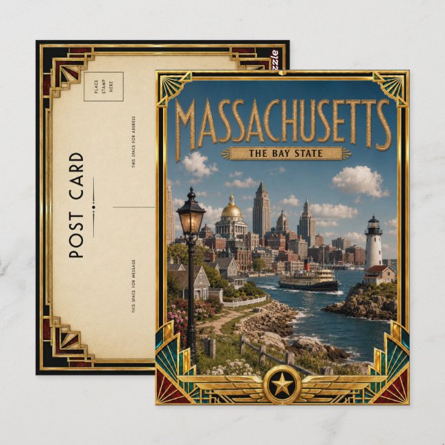 Postal Arte Deco Antiguo Dorado de Massachusetts (Anverso / Reverso)