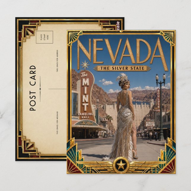 Postal Arte Deco Antiguo Dorado de Nevada (Anverso / Reverso)