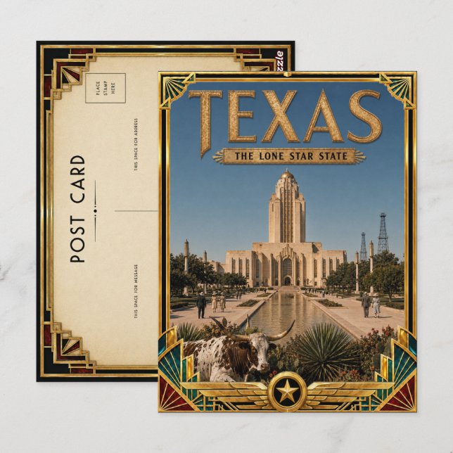Postal Arte Deco Antiguo Dorado de Texas (Anverso / Reverso)