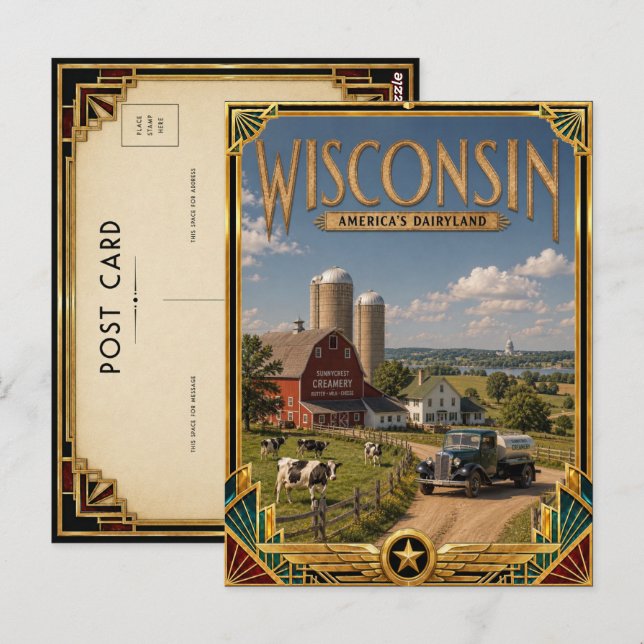 Postal Arte Deco Antiguo Dorado de Wisconsin (Anverso / Reverso)