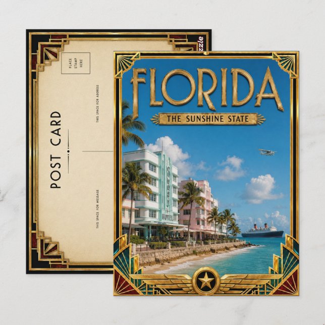 Postal Arte Deco Antiguo Edad de Oro de Florida (Anverso / Reverso)