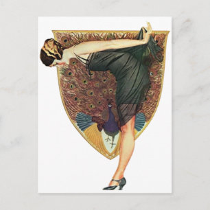 Postal Arte Deco Antiguo Flapper con Pavo Real