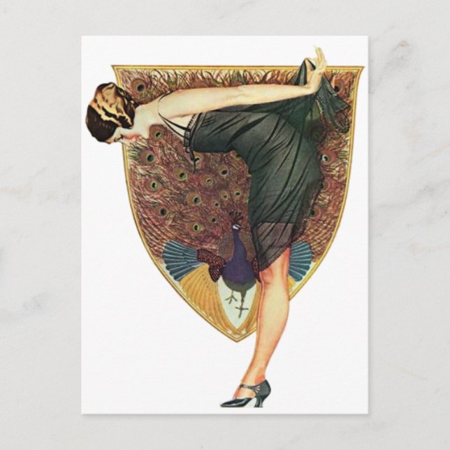 Postal Arte Deco Antiguo Flapper con Pavo Real  (Anverso)