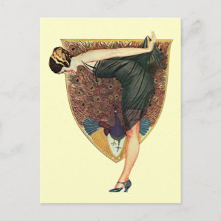 Postal Arte Deco Antiguo Flapper con Pavo Real