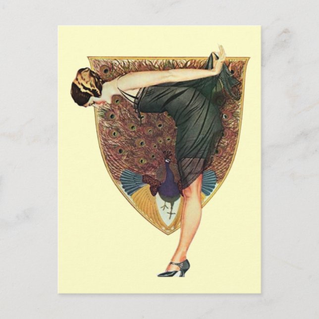 Postal Arte Deco Antiguo Flapper con Pavo Real  (Anverso)