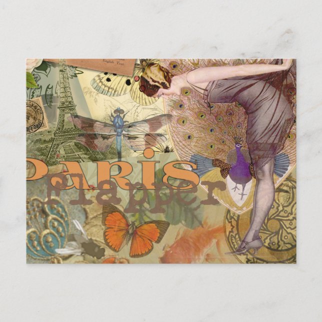 Postal Arte Deco Collage de Pavo Real Flapper de París Vi (Anverso)
