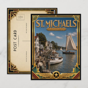 Postal Arte Deco Dorado Antiguo de St. Michaels Maryland