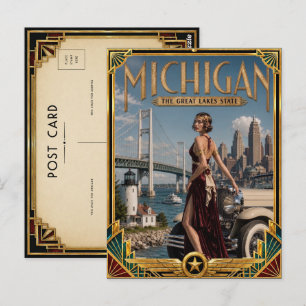 Postal Arte Deco Dorado de Michigan Vintage