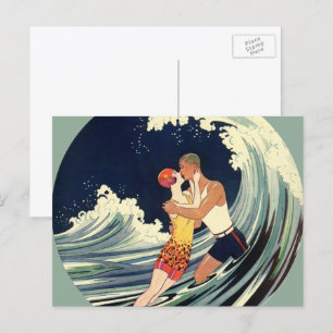 Postal Arte Deco Vintage, Amantes se besan en la playa