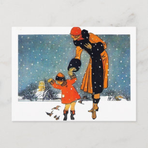 Postal Arte Deco Vintage de Invierno Madre e Hijo en la N