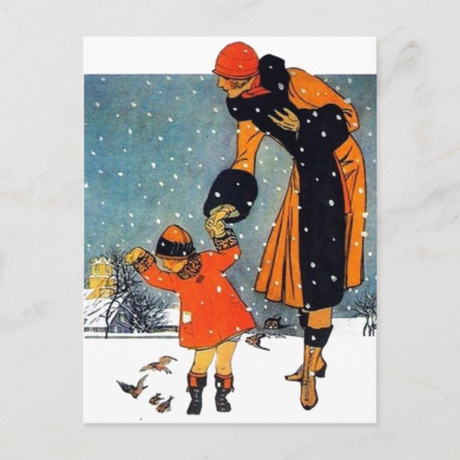 Postal Arte Deco Vintage de Invierno Madre e Hijo en la N (Anverso)