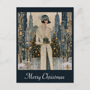 Postal Arte Deco Vintage de Navidad Mujer Flapper Ciudad