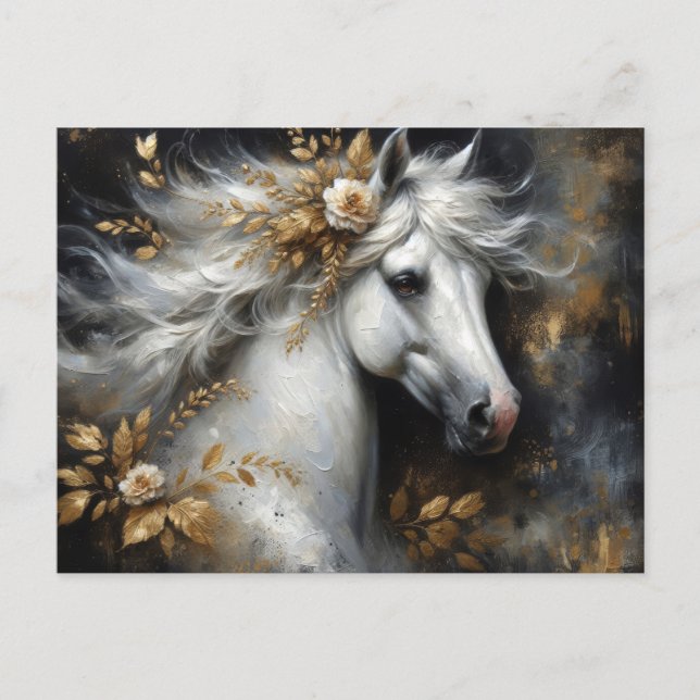 Postal Arte del caballo blanco dorado floral (Anverso)
