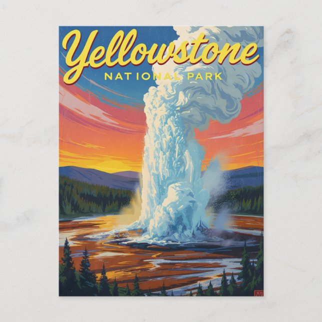 Postal Arte del géiser Old Faithful de Yellowstone (Anverso)