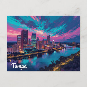 Postal Arte del paisaje urbano nocturno de Tampa Florida