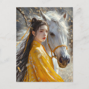Postal Arte del zodíaco chino de niña con caballo