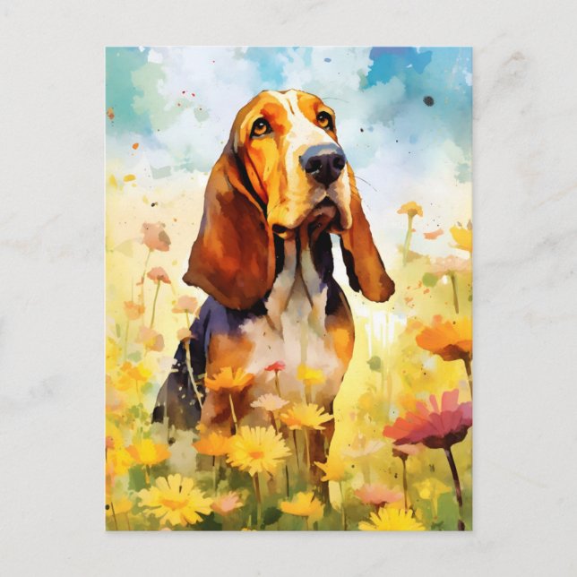 Postal Arte en acuarela colorida de Basset Hound (Anverso)