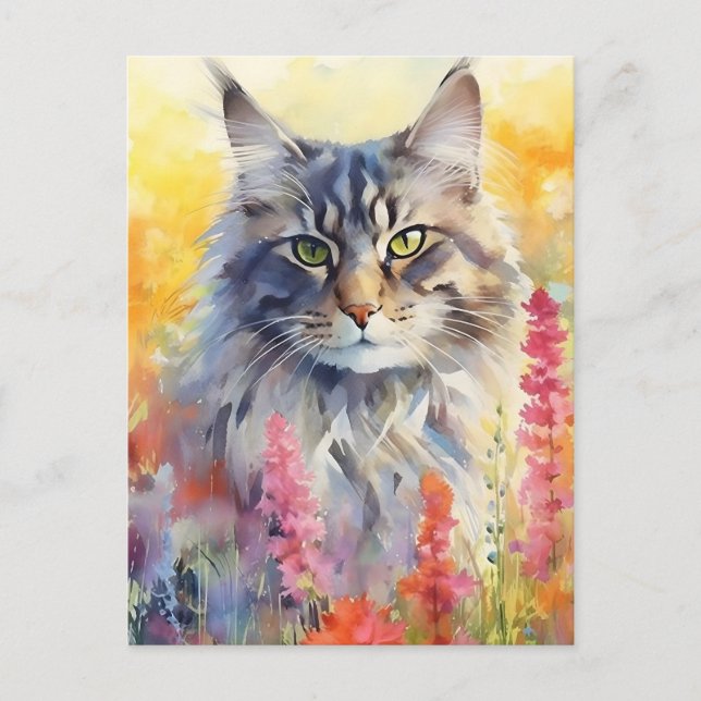 Postal Arte en acuarela colorida de gato Maine Coon (Anverso)