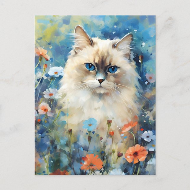 Postal Arte en acuarela colorido de gato Birman (Anverso)