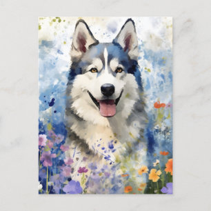 Postal Arte en acuarela colorido de Husky