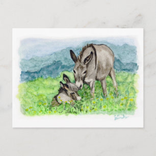 Postal Arte en acuarela de burro enano mamá y bebé