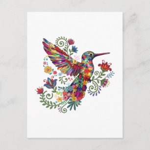 Postal Arte en Acuarela de Colibrí Floral Colorido 
