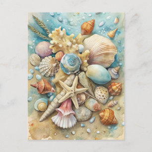 Postal Arte en Acuarela de Conchas de Playa Estrellas de