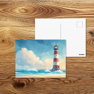 Postal Arte en Acuarela de Faro Costero en la Playa