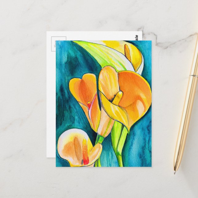 Postal Arte en acuarela de flor de lirio Calla naranja (Anverso/Reverso In Situ)