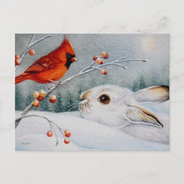 Postal Arte en Acuarela de la Liebre de Nieve y el Carden (Anverso)