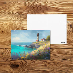 Postal Arte en Acuarela del Faro de Acantilado de Flores 