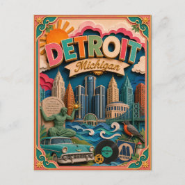Postal Arte en Papel de Detroit Míchigan PopCut Estados