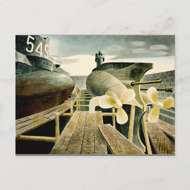 Postal Arte Eric Ravilious, submarinos en Dry Dock (Anverso)