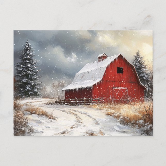 Postal Arte escénico de invierno en un bar rojo rústico (Anverso)