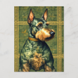 Postal Arte estilo retro de perro verde y dorado