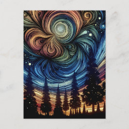 Postal Arte Etéreo Místico con Árboles y Cielo Nocturno